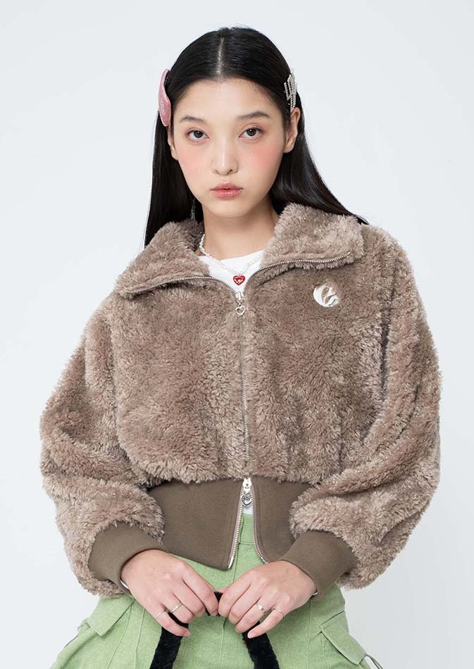 lotsyou_Cotton Candy Crop Faux Fur Jacket Brown